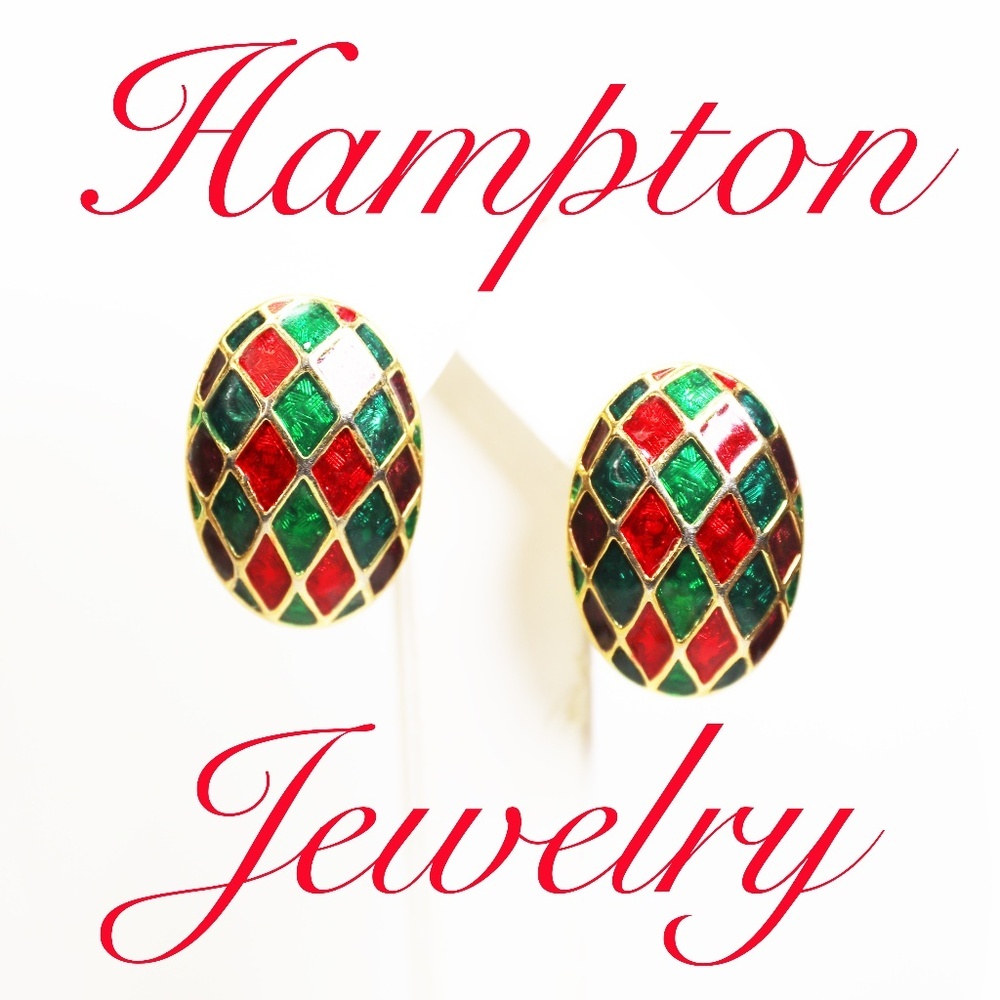 Earrings Christmas Gift 🎄 Red & Green Diamond on Oval Pierced Setting 🎅🏻